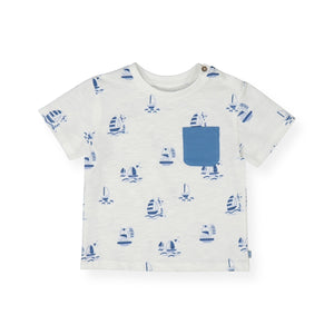 Mayoral Baby Boy Boats Print s/s Pocket T-Shirt ~ White/Capri Blue
