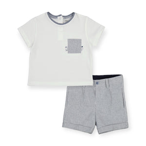 Mayoral Baby Boy s/s Pocket Tee & Linen Seersucker Shorts ~ White/Navy Pinstripe