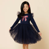 Petite Hailey Frill Bow l/s Tutu Dress ~ Navy