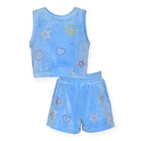 Hannah Banana Sleeveless Velour Rhinestone Emojis Top & Shorts Set 7-12 ~ Blue