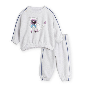 Mini Rodini Baby Siamese Cat Sweatshirt & Sweatpants Set ~ Light Heather Grey