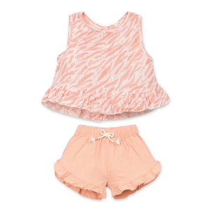 Play Up Baby Zebra Print Sleeveless Woven Top & Ruffle Shorts Set ~ Peach