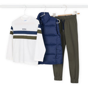 Mayoral Boys Puffer Vest, l/s Tee & Sweatpants 3pc Set ~ Blue/Olive
