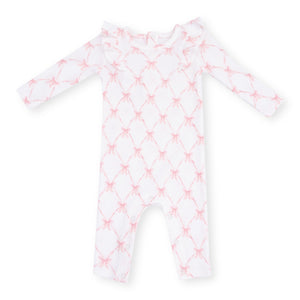 Angel Dear Thermal Ruffle Romper ~ Ribbon Bow Trellis