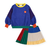 Bobo Choses Funny Face Raglan Sweatshirt & Color Block Pleated Skirt Set ~ Blue