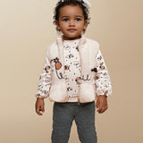 Mayoral Baby Girl Dogs Printed Sweatshirt, Joggers & Fuzzy Vest Set ~ Cream/Anthracite