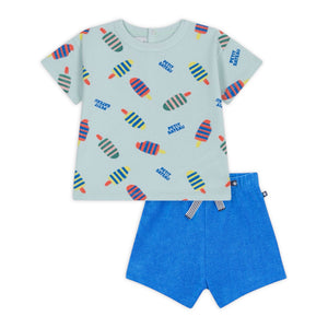 Petit Bateau Baby Popsicle Print s/s T-shirt & Terry Shorts Set ~ Mint/Blue