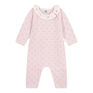 Petit Bateau Knit l/s Romper w/ Floral Ruffle Collar ~ Pink