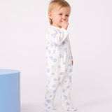 Petit Bateau Front Snap Heart Print Brushed Fleece Footie ~ White/Blue
