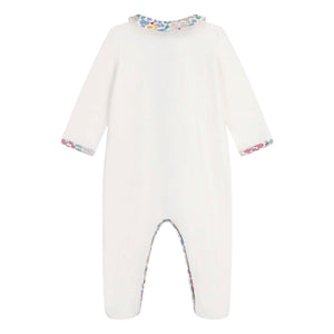Petit Bateau Front Snap Velour Footie w/ Floral Print Collar ~ White