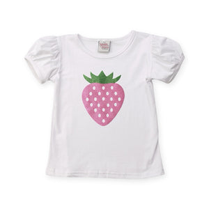 Sparkle Sisters Pink Strawberry Puff Sleeve Tee ~ White