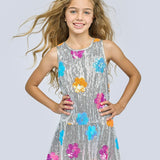 Hannah Banana Colorful Flowers Sequin Dress ~ Silver Multi