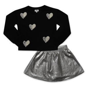 MIA New York Pearl Hearts Sweatshirt & Leather Skater Skirt Set 7-12 ~ Black/Silver