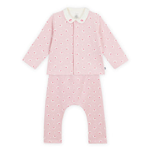 Petit Bateau Floral Print Cardigan, Pants & Collared Onesie Set ~ Pink/White