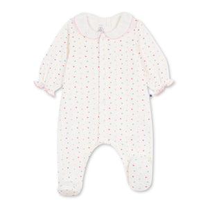 Petit Bateau Front Snap Multi Heart Print Footie w/ Ruffle Collar ~ White Multi