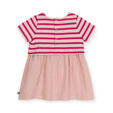 Petit Bateau Bimaterial s/s Dress ~ Pink/Red Stripe