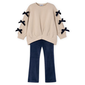 Mayoral Girls Bow Sweatshirt & Flare Leggings Set ~ Beige/Navy