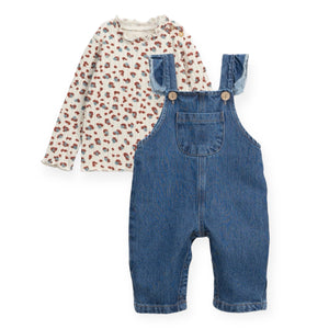 Play Up Baby Leopard Print Ribbed Top & Denim Frill Overalls Set ~ Natural/Blue