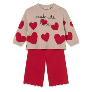 Mayoral Baby Girl Knit Hearts Sweater & Pants Set ~ Cookie/Red