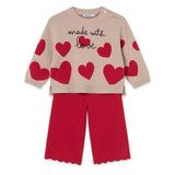 Mayoral Baby Girl Knit Hearts Sweater & Pants Set ~ Cookie/Red