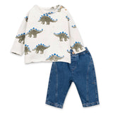 Play Up Baby Stegosaurus Print l/s T-Shirt & Denim Pants Set ~ Off-White/Blue
