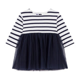 Petit Bateau Baby Bi-material Striped l/s Dress w/ Tulle ~ White/Navy