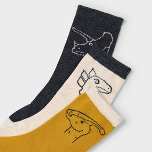 Mayoral Boys Socks Set of 3 ~ Dinos/Mustard