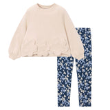 Mayoral Girls Floral Applique Sweatshirt & Printed Leggings Set 7-12 ~ Light Khaki/Navy