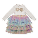 Petite Hailey l/s Bow Layered Tutu Dress ~ Ivory/Multi