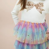 Petite Hailey l/s Bow Layered Tutu Dress ~ Ivory/Multi