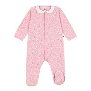Petit Bateau Front Snap Velour Floral Footie w/ Collar ~ Pink/White