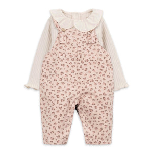 Play Up Baby Ruffle Collar Ribbed Onesie & Leopard Print Frilled Twill Overalls Set ~ Natural/Pink
