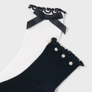 Mayoral Girls Ruffle & Bow Socks 2pk ~ White/Black