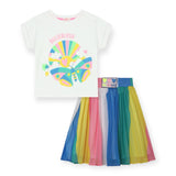 Billieblush Logo Butterfly Graphic Tee & Pleated Rainbow Stripes Skirt Set 7-12 ~ White/Multi