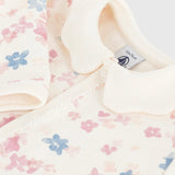 Petit Bateau Front Snap Floral Print Brushed Fleece Footie w/ Scalloped Collar ~ White Multi