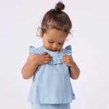 Petit Bateau Baby Sleeveless Chambray Blouse & Shorts w/ Scallop Detail Set ~ Blue