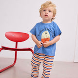 Bobo Choses Baby Morning Egg T-Shirt & Terry Harem Pants Set ~ Blue/Blue Stripe