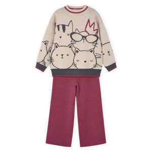 Mayoral Girls Knit Cat Sweater & Wide Leg Pants Set ~ Cherry