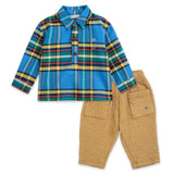 Bobo Choses Baby Plaid Woven Shirt & BC Quilted Sweatpants Set ~ Blue/Khaki