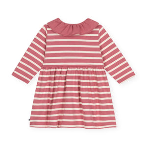 Petit Bateau l/s Striped Dress w Ruffle Collar ~ Pink/White