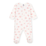 Petit Bateau Front Snap Heart Print Brushed Fleece Footie ~ White/Pink