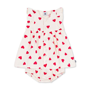 Petit Bateau Sleeveless Gauze Heart Print Dress w/ Bloomer~ Ecru/Red