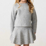 Mayoral Girls Knit Sweater & Skirt Set w/ Pearls 7-12 ~ Mixed Grey