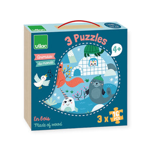 Vilac Michelle Carlslund Animals of the World 16pc Wooden Puzzles Set of 3