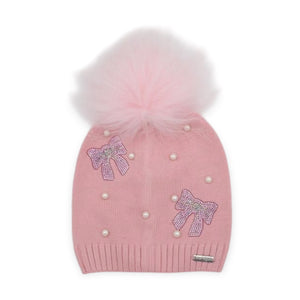 Bari Lynn Crystalized Bows & Pearls Knit Hat w/ Pom