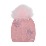 Bari Lynn Crystalized Bows & Pearls Knit Hat w/ Pom