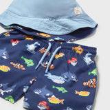 Mayoral Baby Boy Fish Tank Top & Swim Trunks w/ Bucket Hat Set ~ Natural/Night