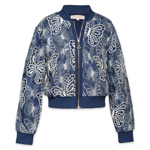 Hannah Banana Butterfly Embroidered Chambray Jacket ~ Blue Multi