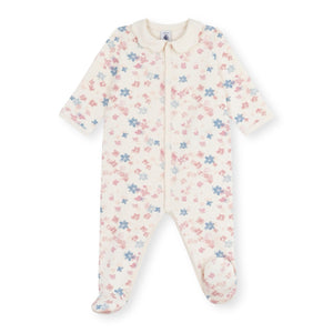 Petit Bateau Front Snap Floral Print Brushed Fleece Footie w/ Scalloped Collar ~ White Multi