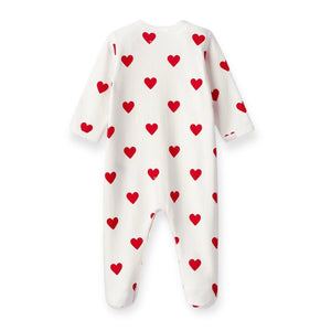 Petit Bateau Front Snap Heart Print Footie ~ White/Red